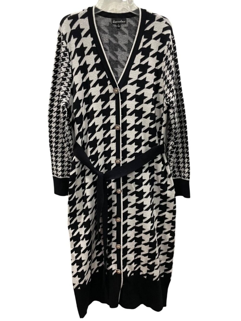 Alison Andrews Houndstooth Knit Midi Sweater Dress L Black White Preppy Academia
